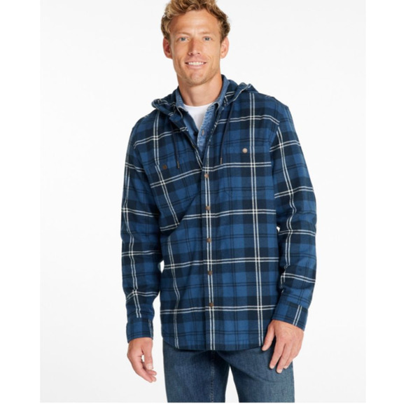 Vtg L.L.Bean Mens Scotch Plaid Flannel Lined Hooded Shirt Size? L XL Blue Black - Picture 2 of 13